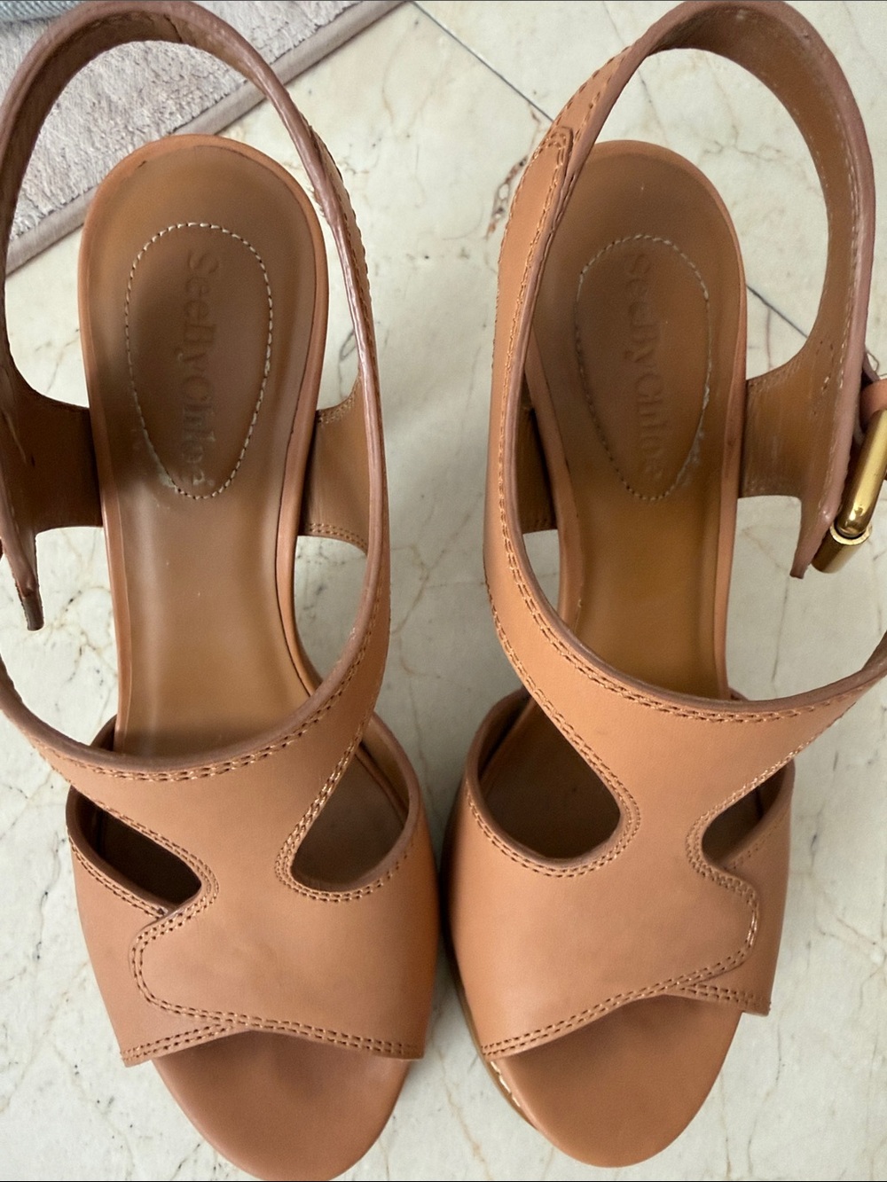 See By Chloe Tan Cutout Leather Slingback Heels